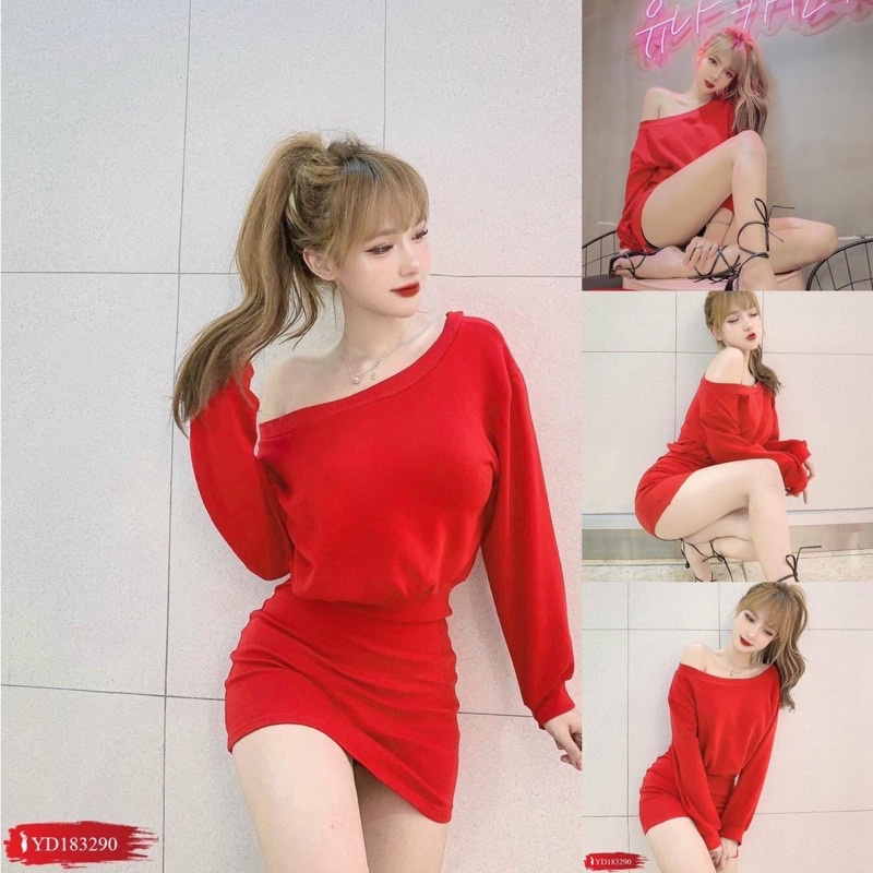 Đầm Body Đỏ Trễ Vai Tay Dài Liền Thân - YD183290