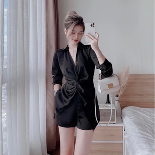 Sét áo sơ mi tay dài cài nút xoắn eo kèm quần shot phong cách thời trang sành điệu chất tuyết nhung cao cấp