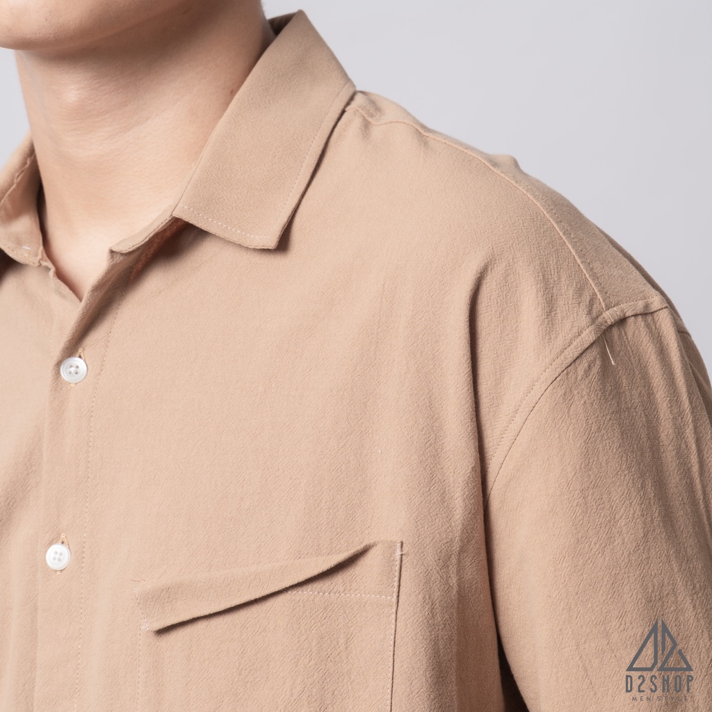 Áo sơ mi D2shop, áo sơ mi nam dài tay vải linen túi xếp, màu be