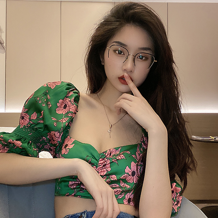 DUNEA Áo kiểu cổ vuông họa tiết hoa phong cách retro gợi cảm thời trang cho nữ