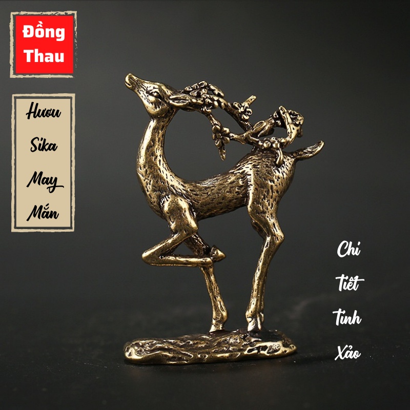 Tượng Trưng Bày Phong Thủy Bằng Đồng Hình Con Hươu Sika May Mắn, Trang Trí Bàn Làm Việc (Kích cỡ: 5.0 x 6.75cm)