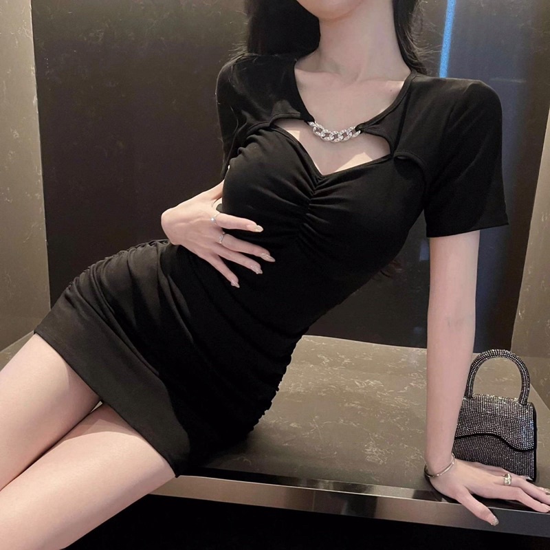 Đầm váy body tay ngắn phối xích nhún ngực sexy vải cotton thời tràn nữ