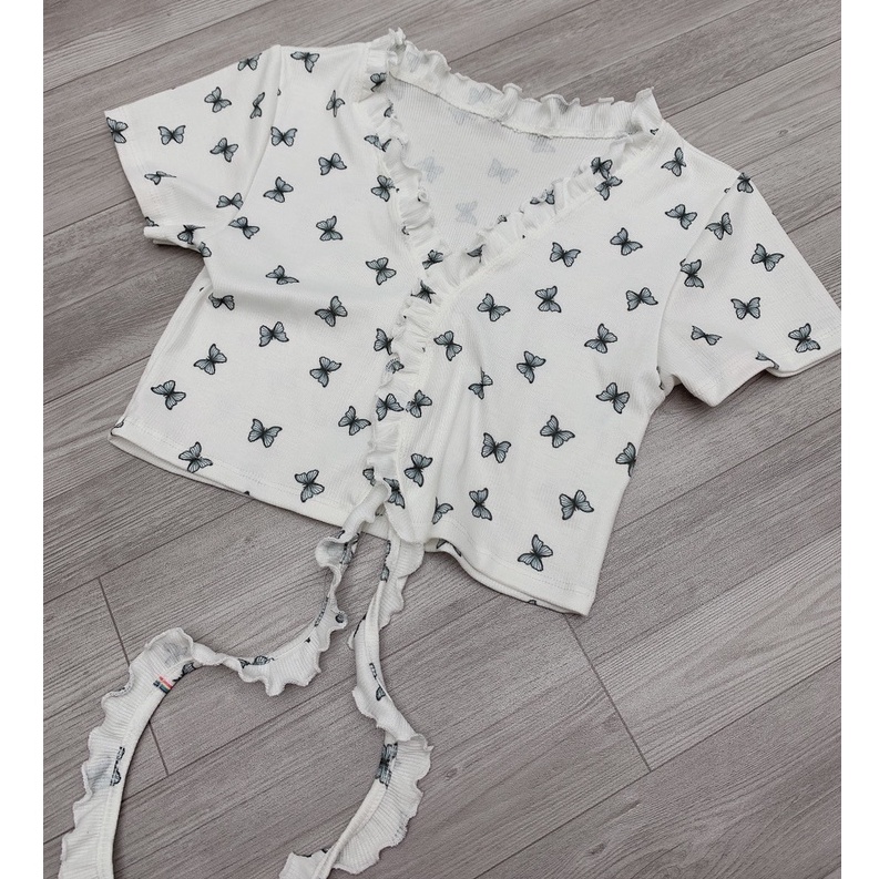 Áo croptop kiểu Hàn Quốc 2023 ôm body dây cột lưng họa tiết bướm đẹp dễ thương