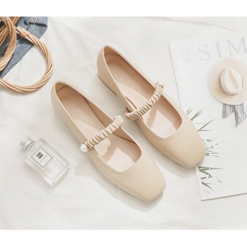 Giày nữ ulzzang vintage quai chun ngang đính đá 2 màu trắng kem GIÀY NỮ ULZZANG HÀN QUỐC－ ＨÀＮＧ ＣÓ ＳẴＮ
