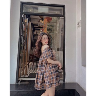 Đầm xòe Caro phối nơ