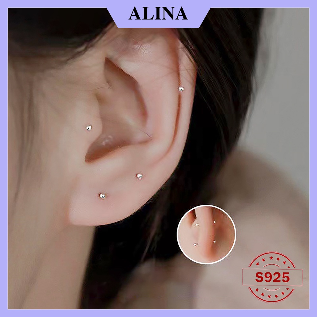 Bông Tai Bạc Nguyên Chất Giữ lỗ Alina Bông Hai Đầu Bi Khuyên Đeo Mũi Nam Nữ