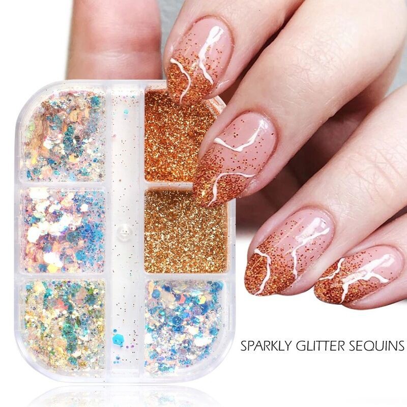 MONJA [Hàng mới về] Hộp 6 ngăn lá nhôm kim sa vàng bạc hình dáng không đồng đều trang trí móng tay nghệ thuật