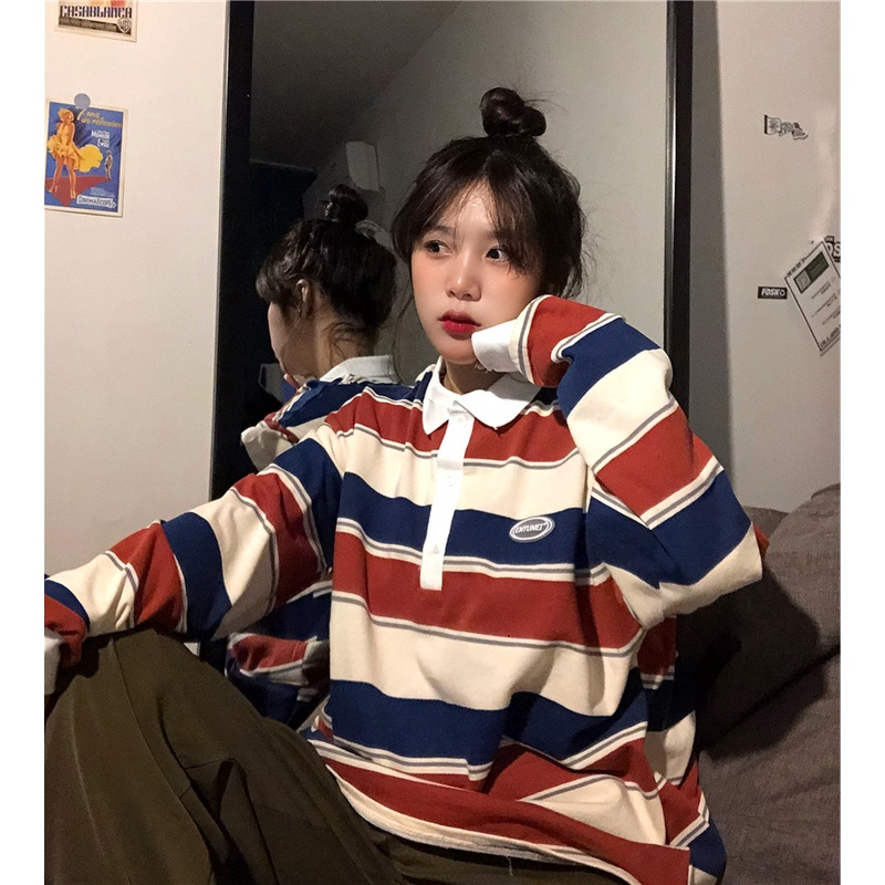 SUXI Áo thun cổ polo họa tiết kẻ sọc dáng rộng phong cách Hàn Quốc năng động cho nữ