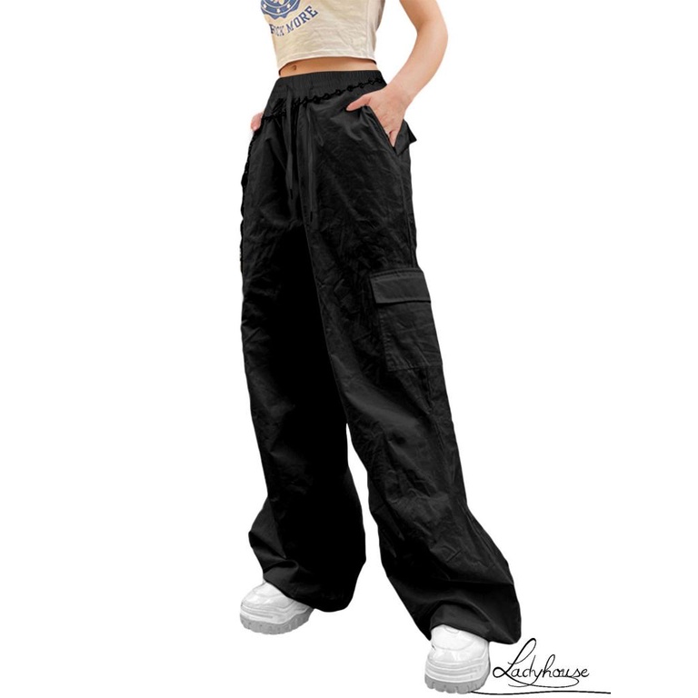 Quần Baggy Dài Ống Rộng Lưng Thun Rút Dây Màu Trơn Thời Trang Mùa Xuân Cho Nữ