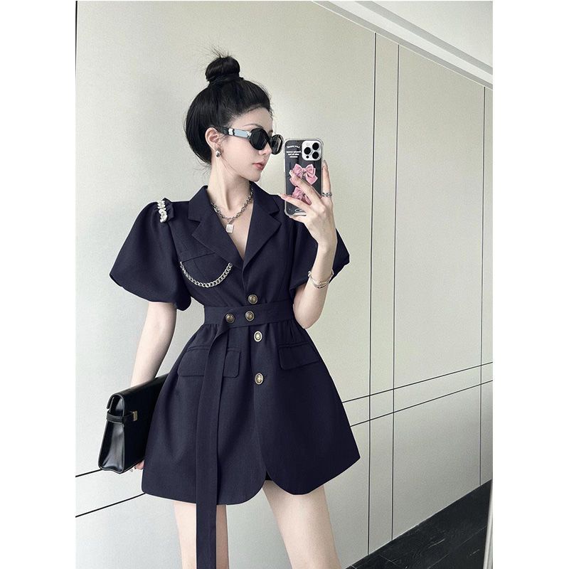 French imperial sister Fan temperament bubble sleeve advanced sense skirt summer bare back loose waist suit dress women's dress