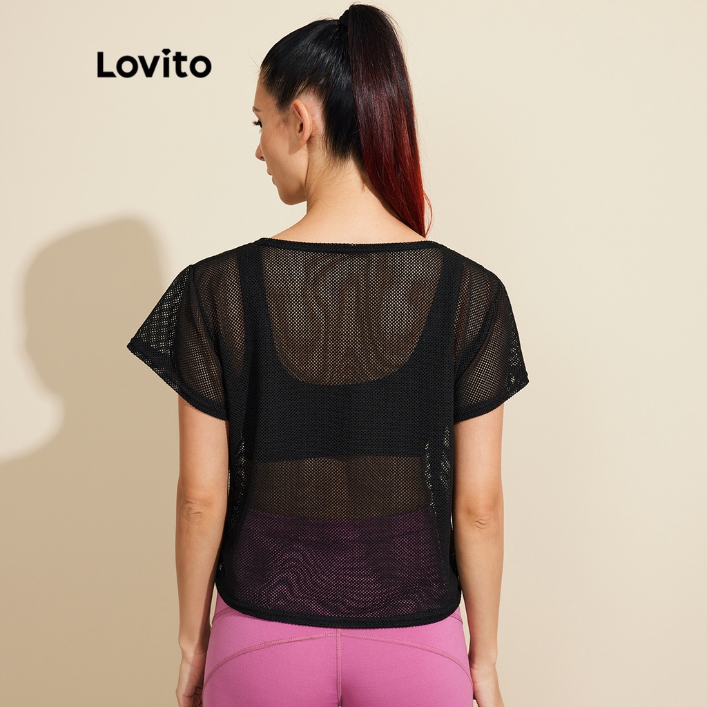 Áo thun Lovito xuyên thấu màu trơn cơ bản thoáng khí phong cách thể thao L18X528 (Màu đen)