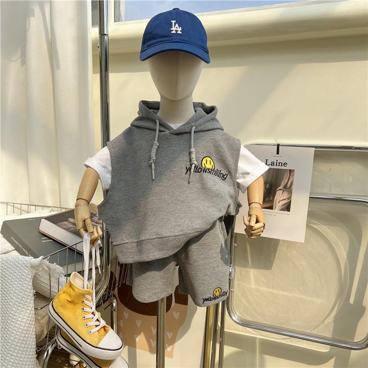 Bộ Áo Hoodie + Quần Sooc Dáng Rộng Thêu Họa Tiết Mặt Cười Dễ Thương Thời Trang Xuân Hè Cho Bé Trai Và Gái