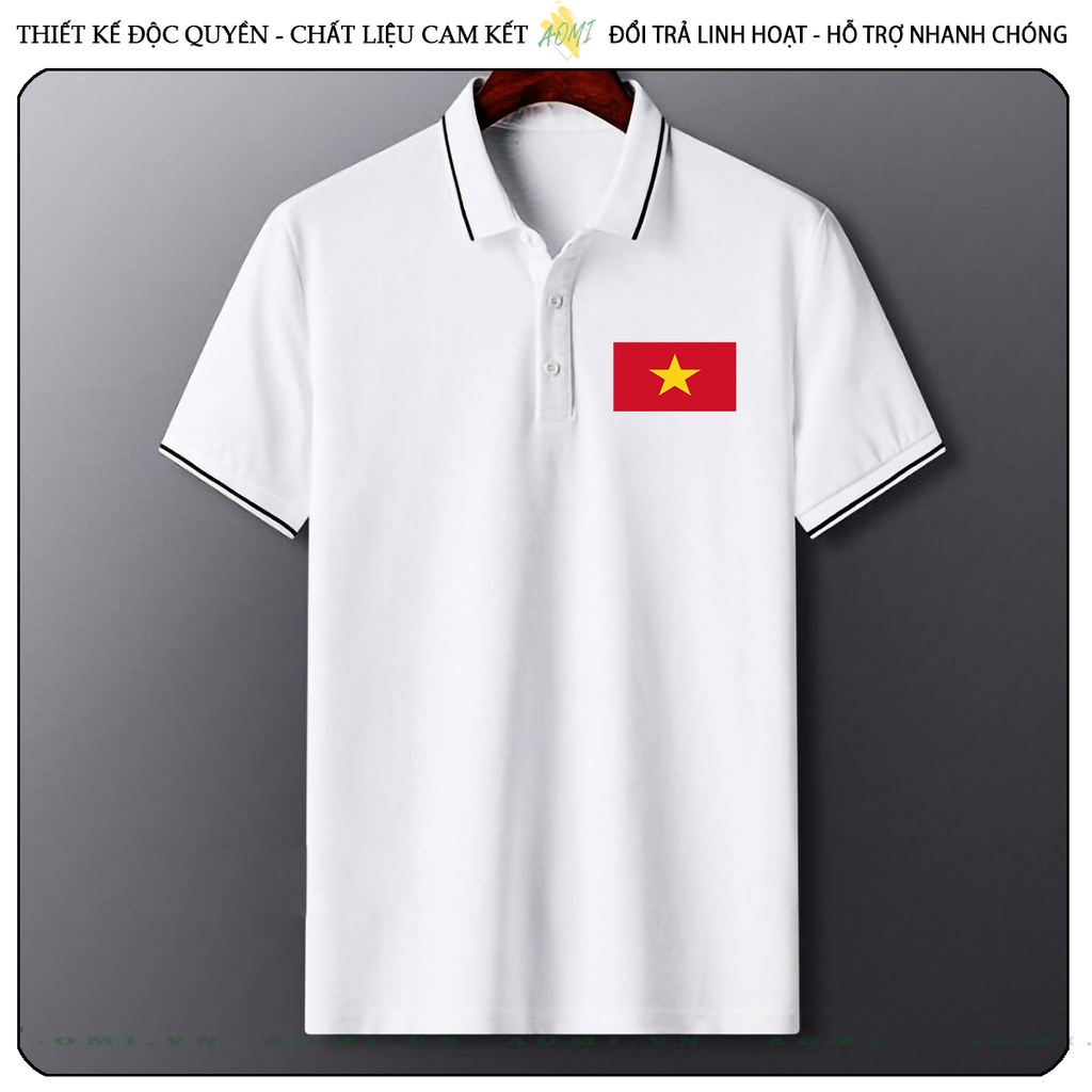 ÁO POLO CỜ ĐỎ SAO VÀNG VIỆT NAM CHẤT THUN CÁ SẤU MÈ ĐEN TRẮNG VÀNG UNISEX PHÔNG NAM NỮ THUN CỔ BẺ BASIC GIA ĐÌNH AOMIVN