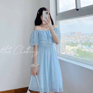 Đầm trễ vai xanh dễ thương
