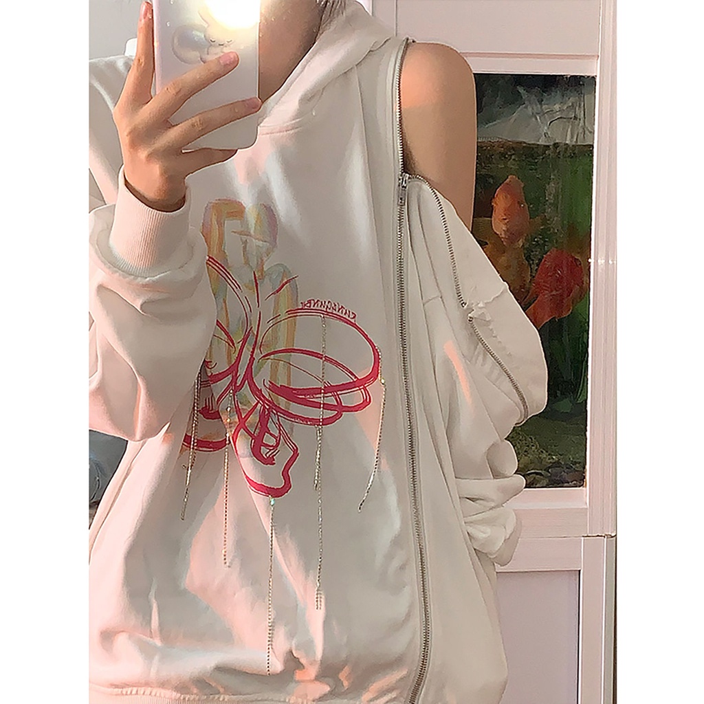 Áo hoodie mỏng có nón trùm tay dài phối khóa kéo tua rua kim cương giả in hình mới cho nữ