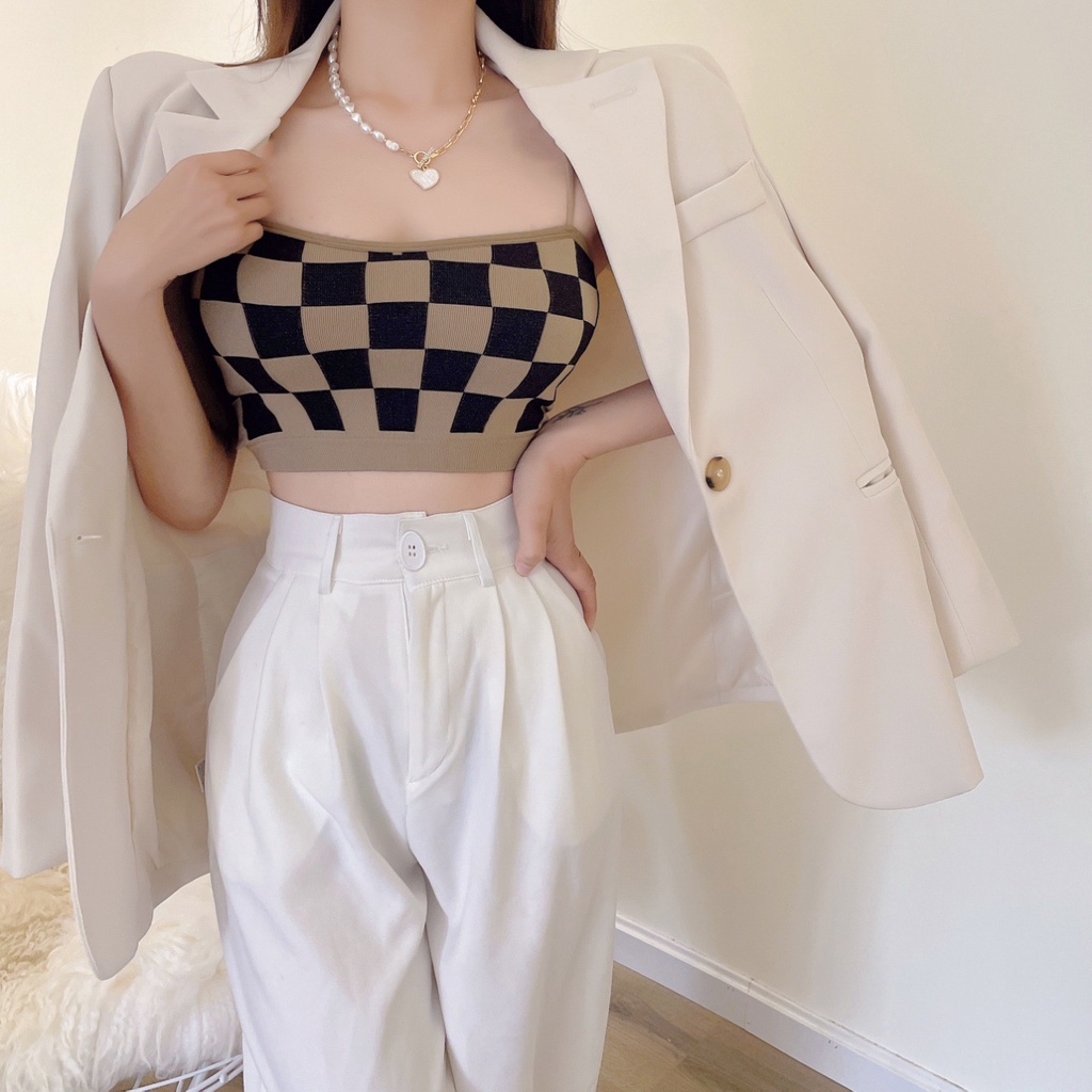 Áo hai dây IELGY ôm ngực kẻ sọc caro