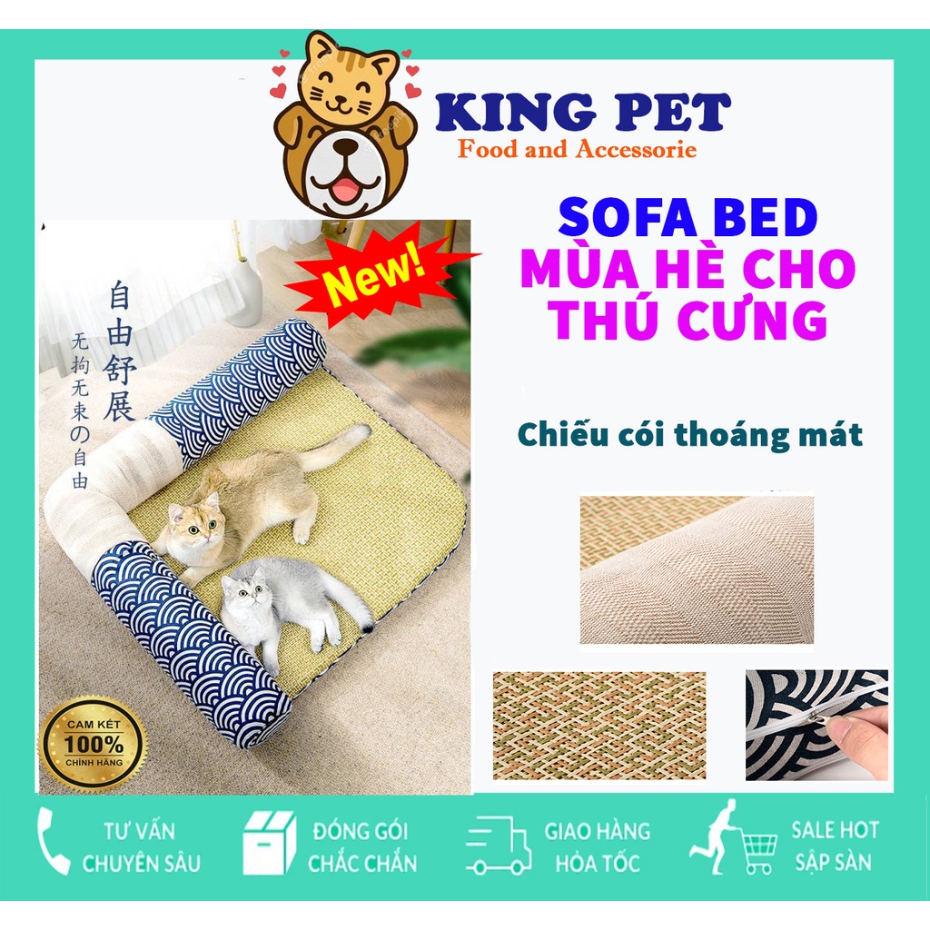 Đệm sofa giường cho chó mèo bốn mùa - Mặt chiếu cói,hoa văn phong cách Nhật Bản