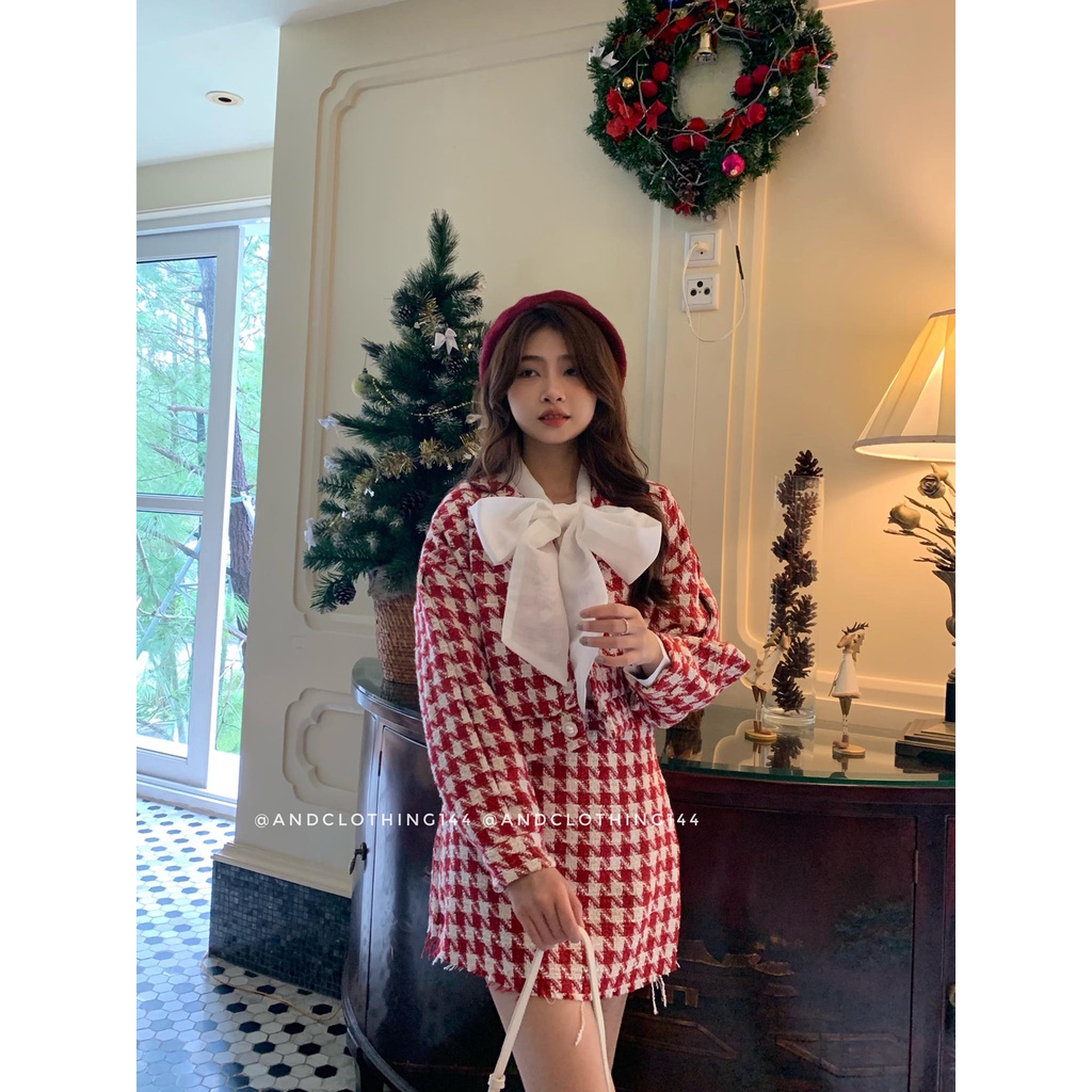 Bộ áo dạ tweed caro dáng ngắn