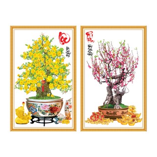Bộ 2 tranh Mai Đào HD Trang trí Tết CBMD4 Kim sa