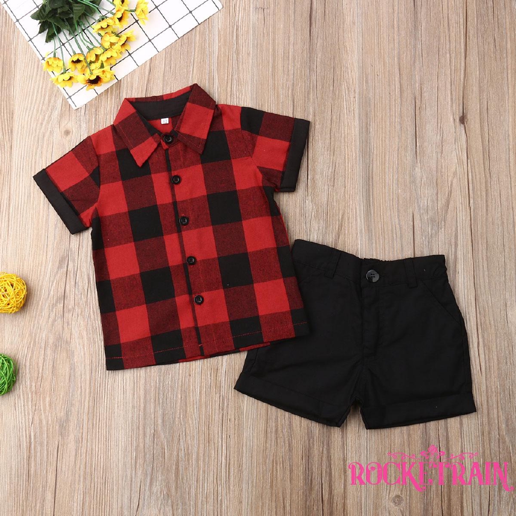 AydღToddler Baby Boy Christmas Outfit Gentleman Turn-Down Collar Plaid T-Shirt Tops+Pants Shorts Clothes Set