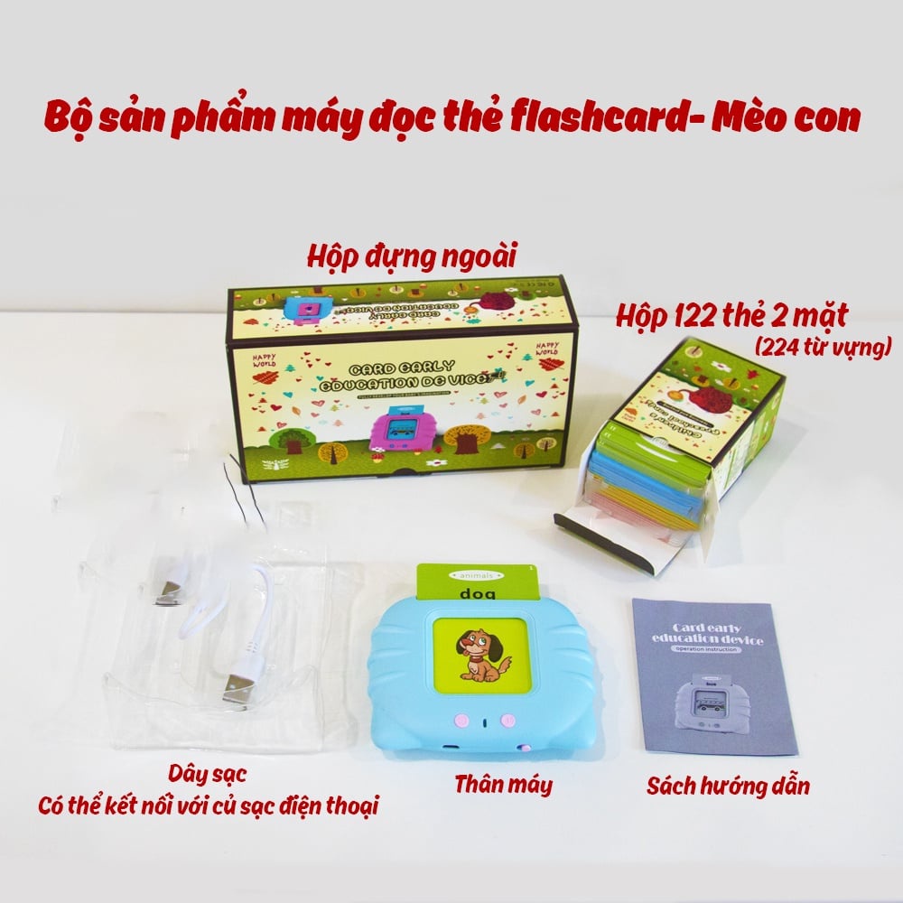 Máy đọc thẻ từ vựng Tiếng Anh, thẻ thông minh flashcard Tiếng Anh giáo dục sớm Glenn Doman gồm 112 thẻ, 224 từ vựng,