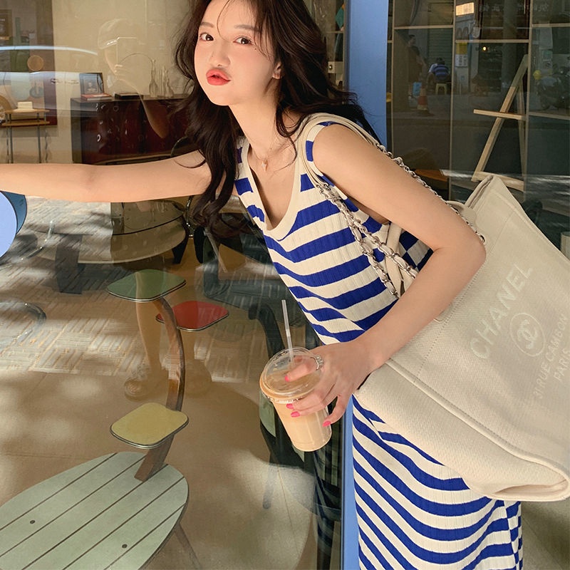 Đầm Dệt Kim Mỏng Cổ Tròn Họa Tiết Kẻ Sọc Đơn Giản Thời Trang Hàn Quốc