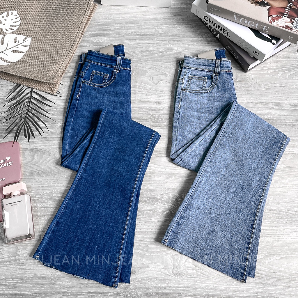 Quần Jean Nữ Ống Loe Lưng Cao Cắt Lai Không Túi MINJEAN LOE75 Phom Dài Trơn, Quần Bò Pas Cạp Cao Cắt Gấu Dáng Chuẩn