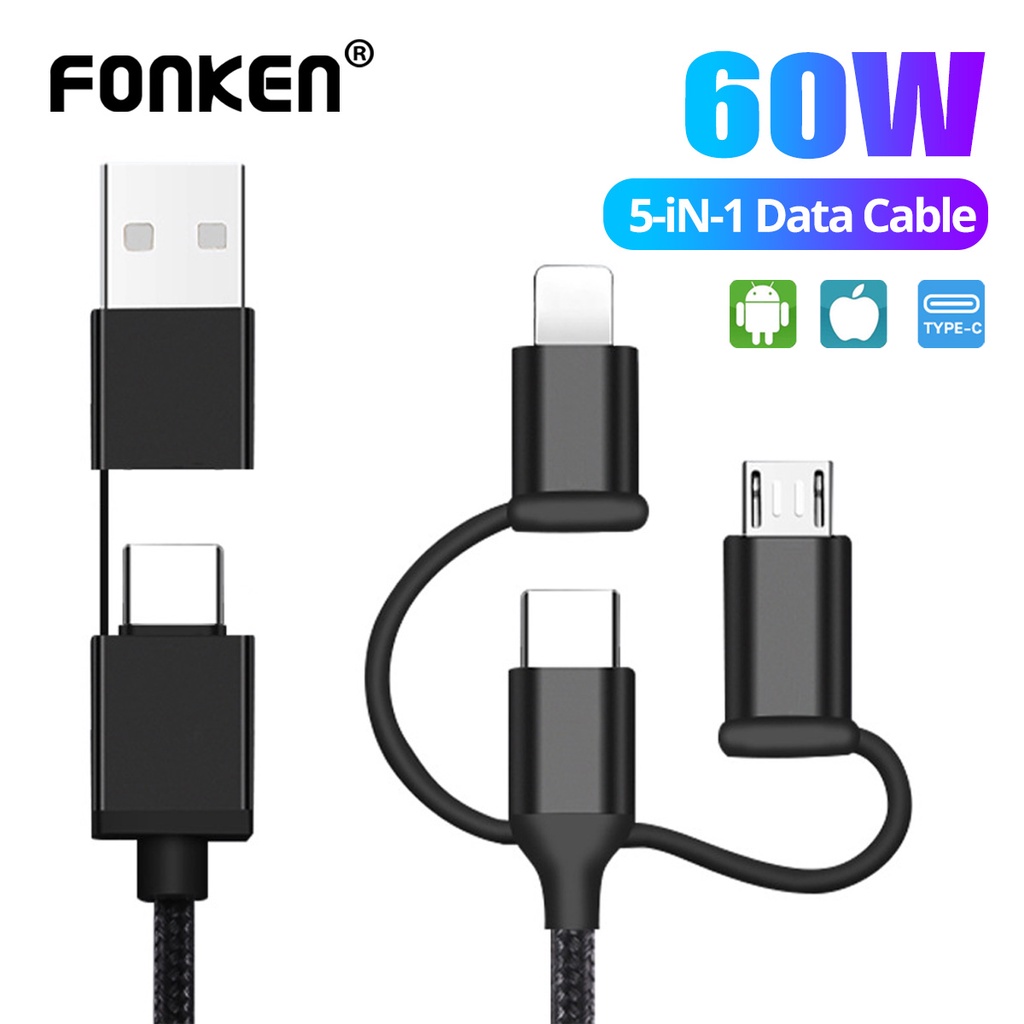 Cáp sạc FONKEN QC 3.0 5 trong 1 PD 60W thích hợp cho iPhone 13 12 Huawei Xiaomi Samsung Tablet Laptop tốc độ nhanh