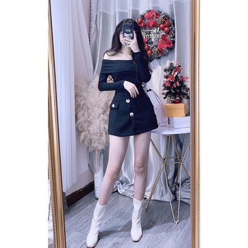 Set áo bẹt vai phối chân váy nút. alohashop91