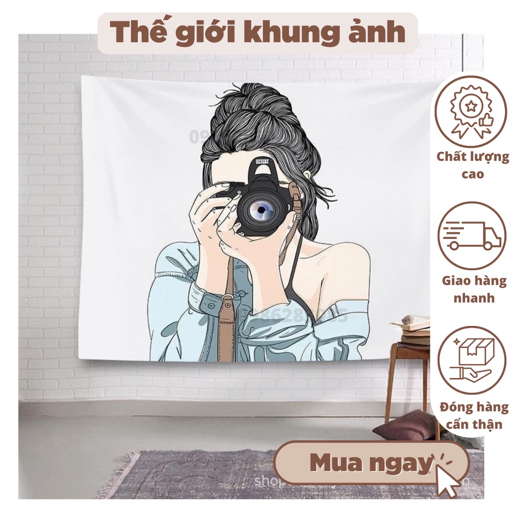 Tranh vải treo tường cô gái, thảm treo phong cách retro kich thước 130x150cm, tặng kèm móc treo