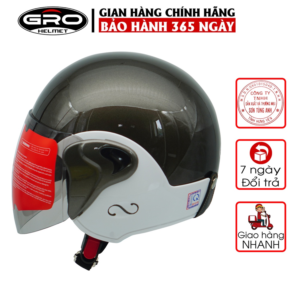 Mũ bảo hiểm cả đầu Gro T318 V1 có kính dài, nhựa ABS bền đẹp, khóa kim loại chắc chắn, mút xốp dày dặn - nâu ốp trắng