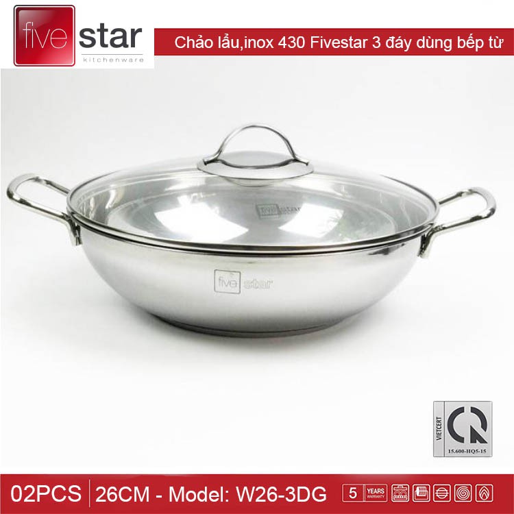 Chảo lẩu xào inox Fivestar 3 đáy bếp từ nắp kính 26cm, hàng chính hãng, bảo hành 60 tháng