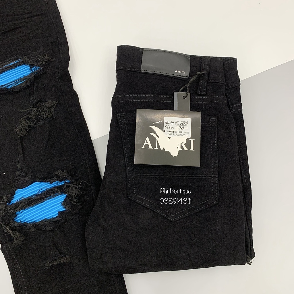 Quần Jean Đen Nam Rách Xước Vá Da Nhăn Xanh Đùi Gối Cực Sang QJ107P