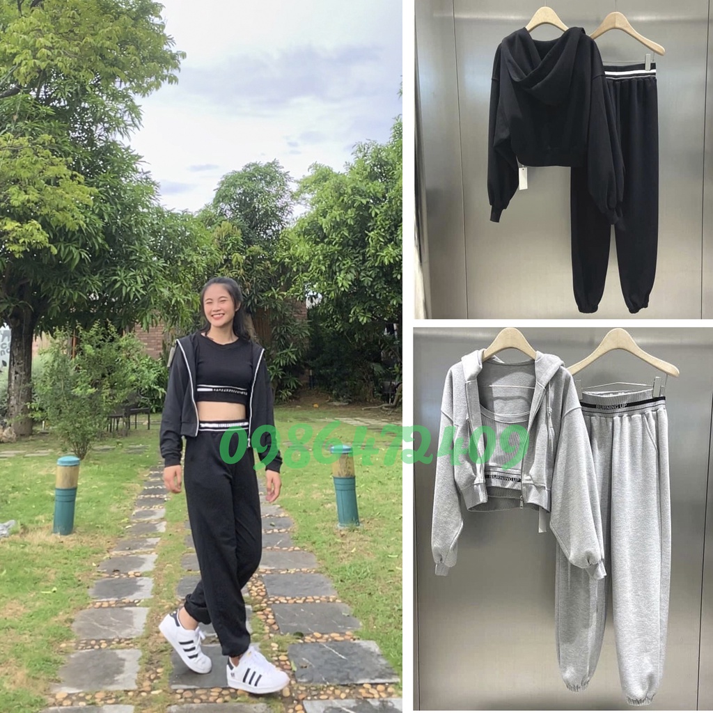 Bộ nỉ nữ: áo crop - áo khoác - quần bom siu mê