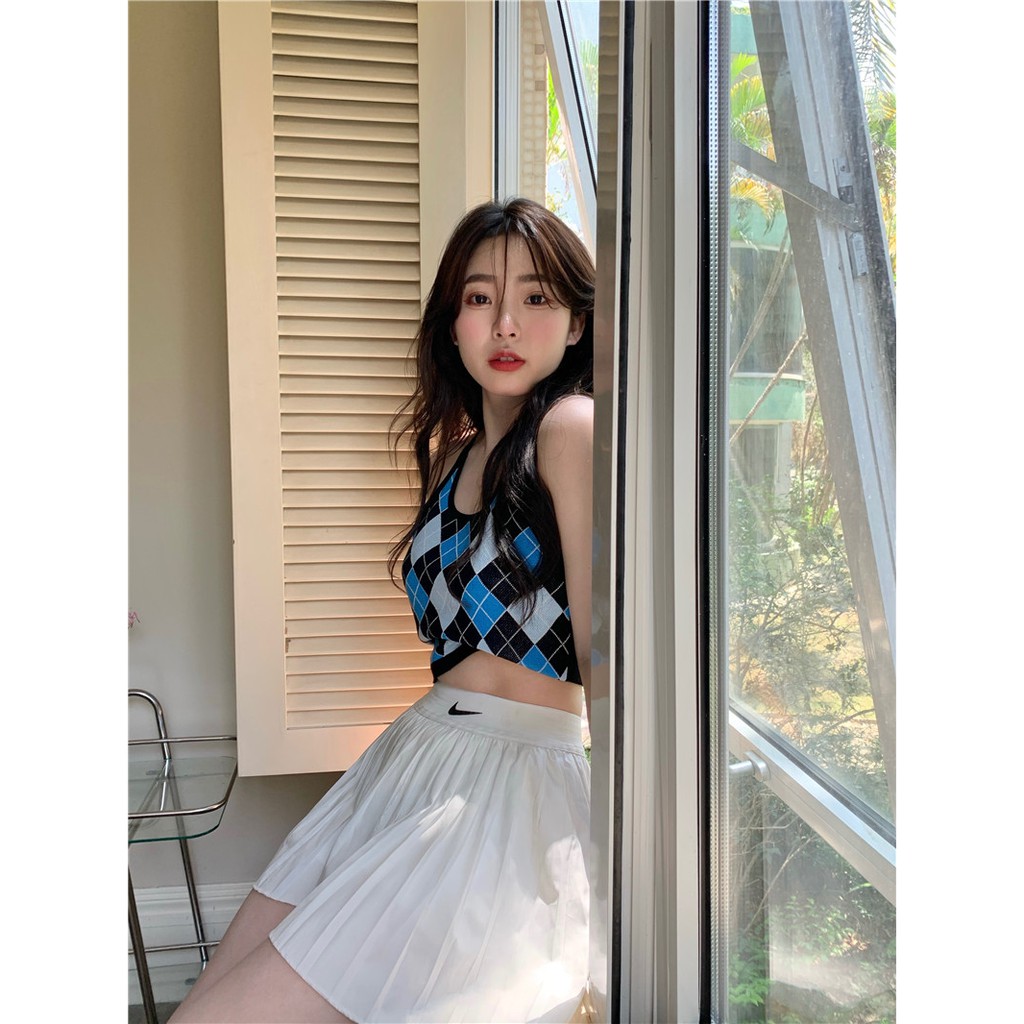 Cocory vn Áo Hai Dây Dệt Kim Hoạ Tiết Kẻ Caro Gợi Cảm Thời Trang Mùa Hè Cho Phụ Nữ