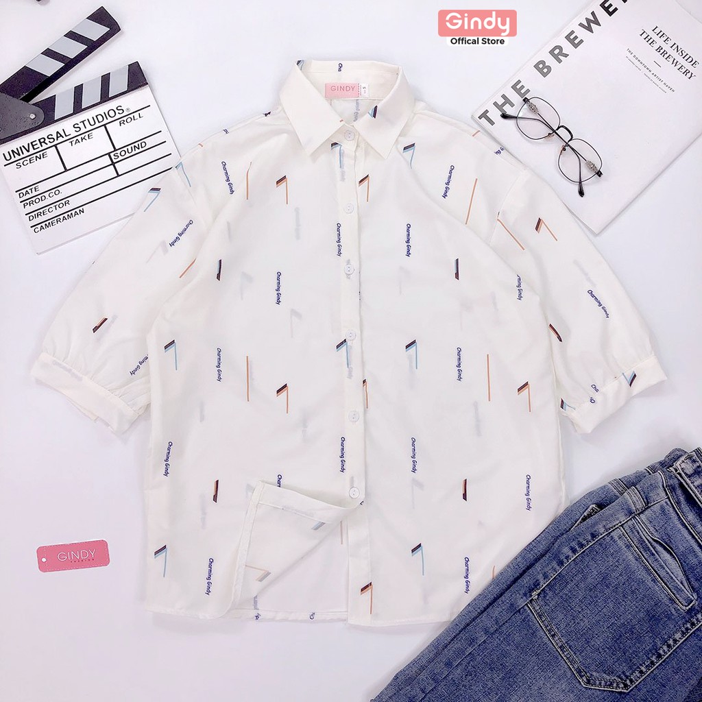 Áo sơ mi nữ tay lỡ GINDY cổ bẻ chất kate hoạ tiết Charming form rộng dáng suông thời trang xuân hè A6123