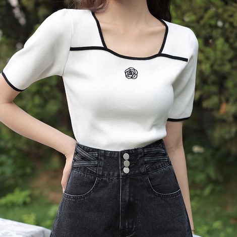 Áo dệt kim ZHELIHANGFEI ngắn tay cổ vuông thêu họa tiết xinh xắn