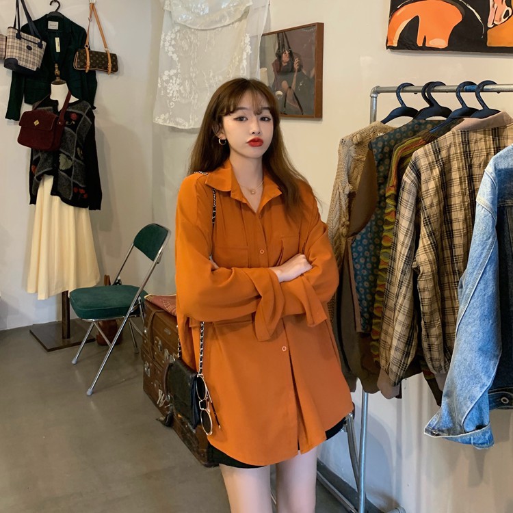 Áo Sơ Mi Chiffon Tay Dài Màu Trơn Phong Cách Hàn Quốc