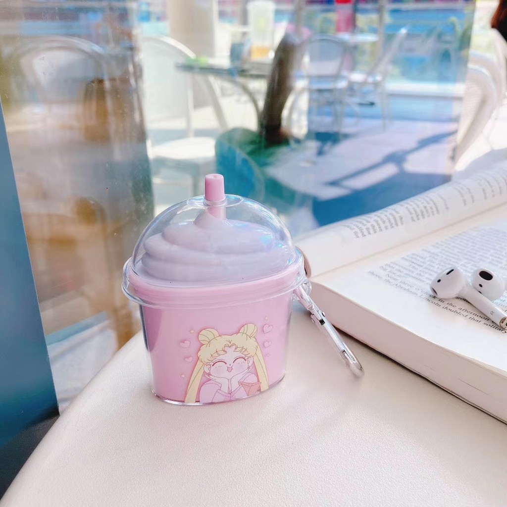 Lilyrose Store/ Airpods Case Fashion Cute Sailor Moon Ice Cream Wireless bluetooth headset Airpods 1 2 Case Hard AirPods 1 Cover Case With Hook