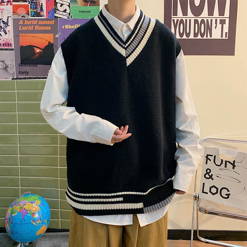 Áo gile len nam oversize unisex 2022, áo len nam nữ gile form rộng cổ V bất đối xứng ulzzang học sinh đi học hàn quốc