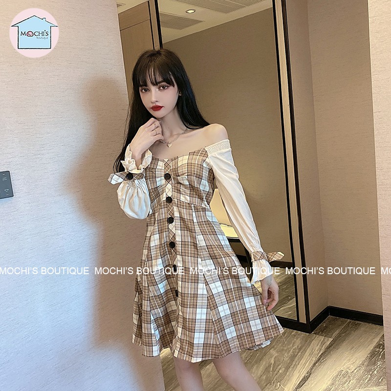 Váy đầm nữ dáng xòe trễ vai, họa tiết kẻ caro mặc được 2 kiểu trễ vai hoặc cổ vuông đều đẹp, tay phồng điệu đà-M042 | BigBuy360 - bigbuy360.vn