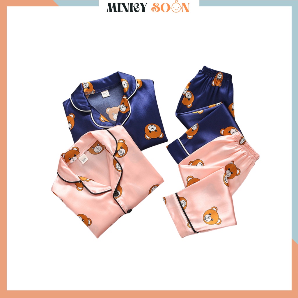 Đồ Ngủ Lụa Cho Bé In Hình Chú Gấu Cute, Pijama Dài Tay Cho Bé Trai Gái Mặc Đều Xinh - MINKY SOON