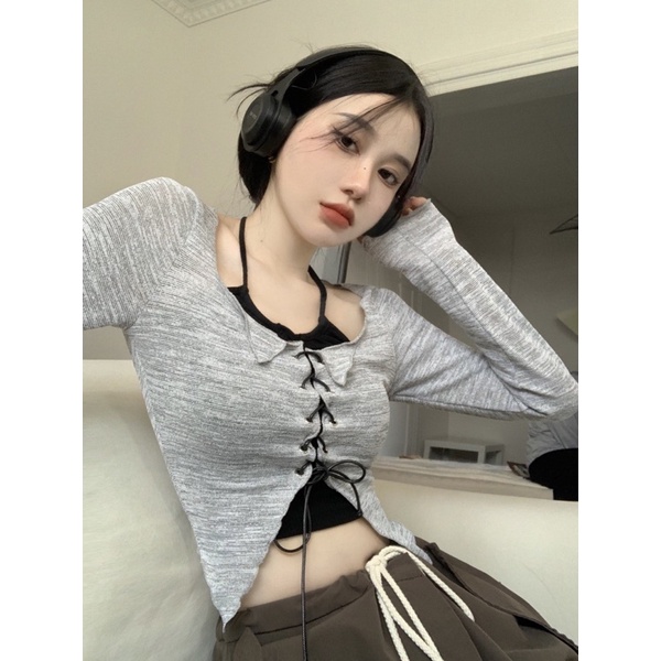 Set áo kiểu nữ màu muối tiêu buộc dây mix áo yếm đen sexxy