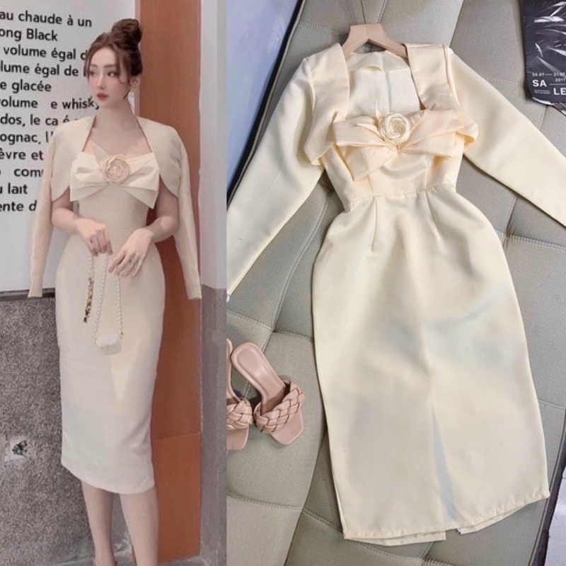 Set đầm ôm body kem/nude đính hoa kèm áo khoác vest tay dài thanh lịch sang trọng quyến rũ, thời trang đi chơi dự tiệc