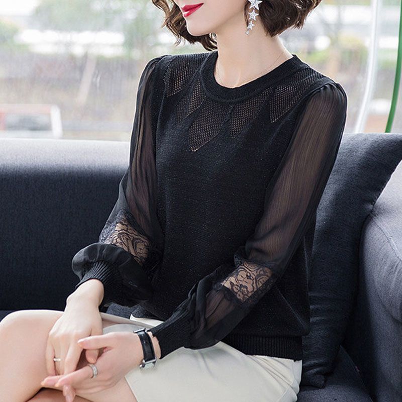 Áo Thun Dệt Kim Tay Dài Dáng Rộng Phối Ren Thời Trang Mùa Thu Cho Nữ