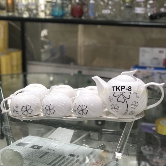 Bộ bình trà cốc kèm khay cao cấp men sứ xương