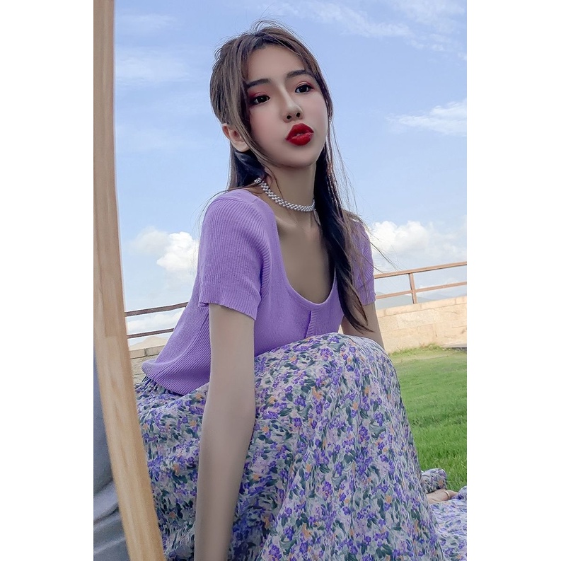Chân váy midi IELGY lưng cao họa tiết hoa màu tím thời trang mùa hè cho nữ