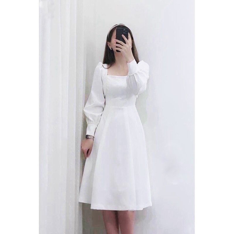 Váy trắng dự tiệc body cổ vuông tay dài phối ren hạt sống chất , Đầm dáng xòe ulzzang (hình thật/ sẵn) | BigBuy360 - bigbuy360.vn