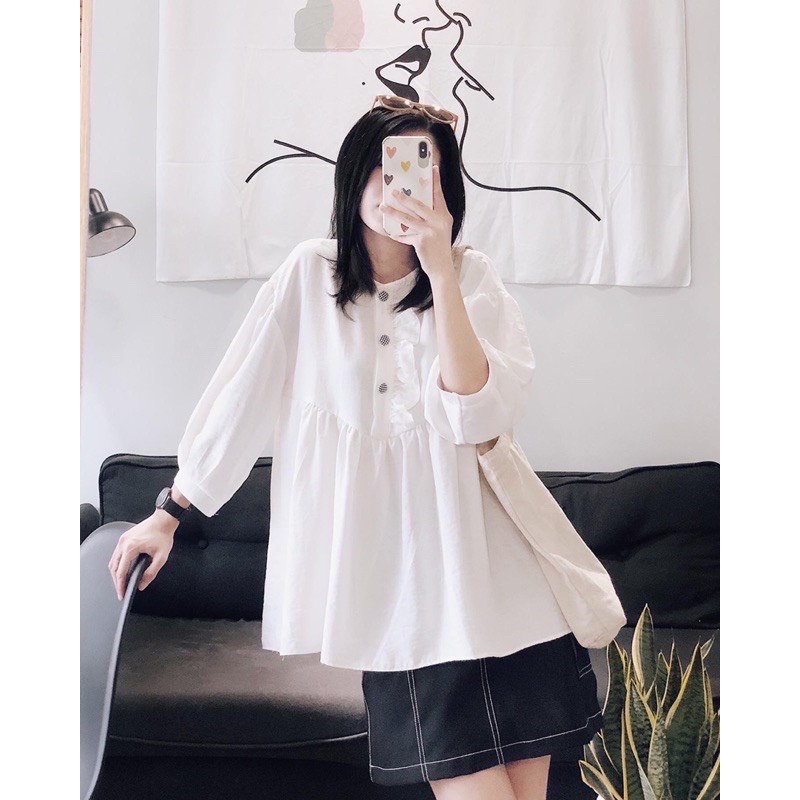 Áo bẦU BABYDOLL  From Rộng tay lỡ Chất Đũi mềm- mịn - mát .Bầu Bí Bon Chen thoải mái đến sinh