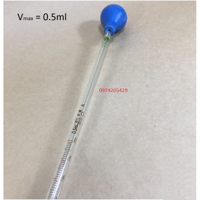 Ống hút thủy tinh - pipet thủy tinh dài 30cm có bóp cao su với các thể tích 0.5ml - 1ml - 2ml - 5ml - 10ml